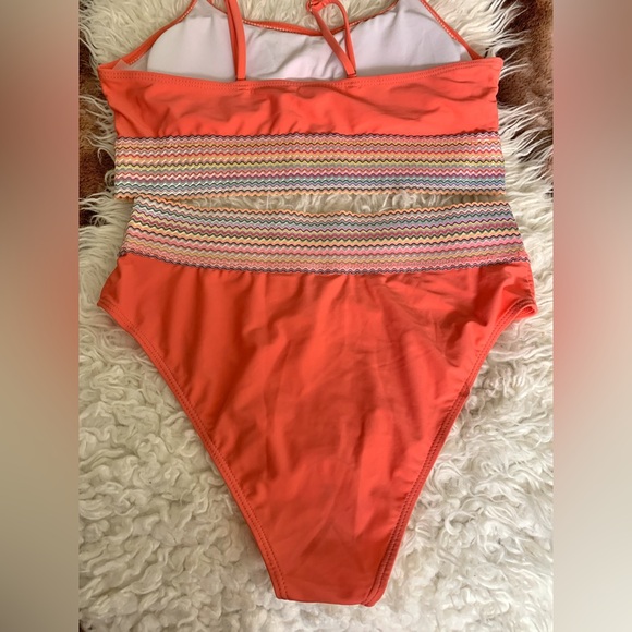 NWT SHEIN Peach Orange High Waist Bikini Bathing Suit L - Picture 5 of 7